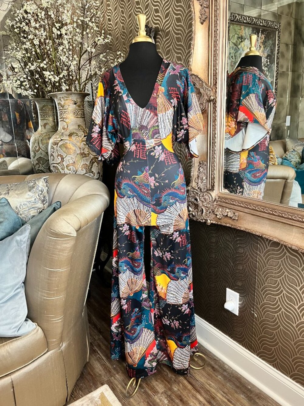 Bill Hallman ATL design vibrant Oriental phoenix print black jumpsuit
